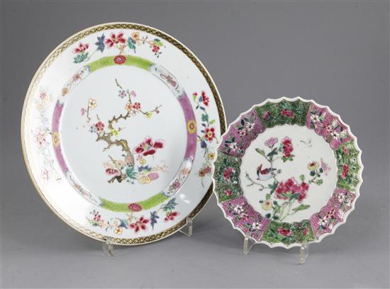 A Chinese famille rose fluted dish and a similar plate, early Qianlong period, diameter 23cm